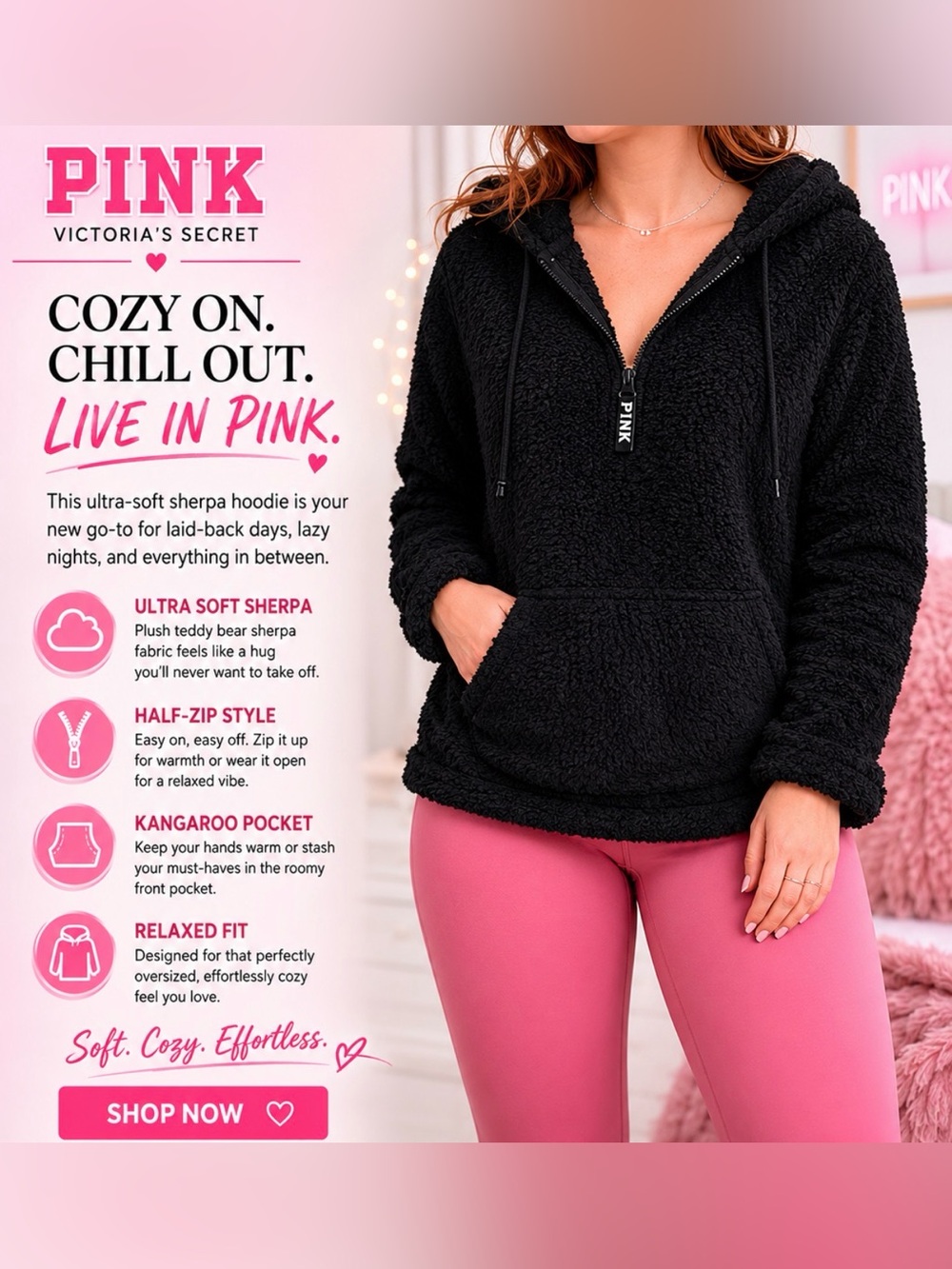 PINK Victoria's Secret Black Teddy Bear Sherpa Half-Zip Hoodie
